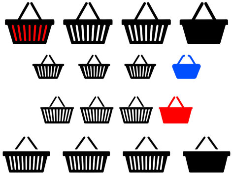 Set of shopping basket icons in various colors and designs