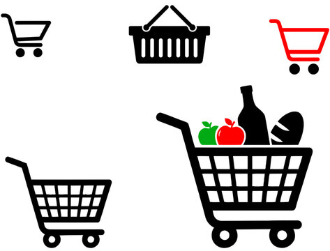 Shopping cart and basket icons with grocery items inside