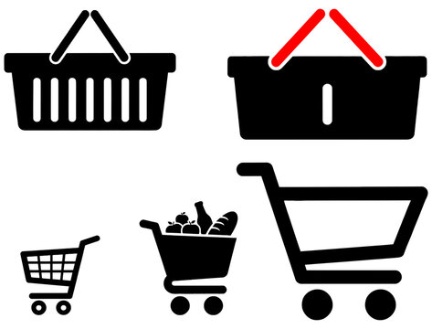 Shopping cart and basket icons with groceries and handle