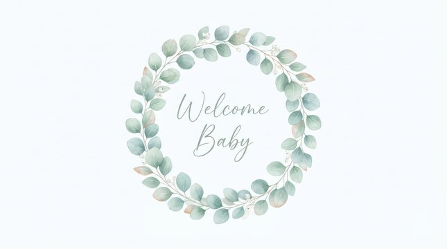 Watercolor eucalyptus wreath with welcome baby text isolated on white background