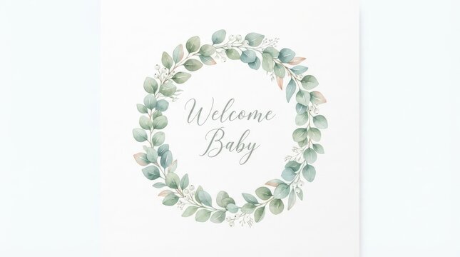 Watercolor eucalyptus wreath with welcome baby text isolated on white background