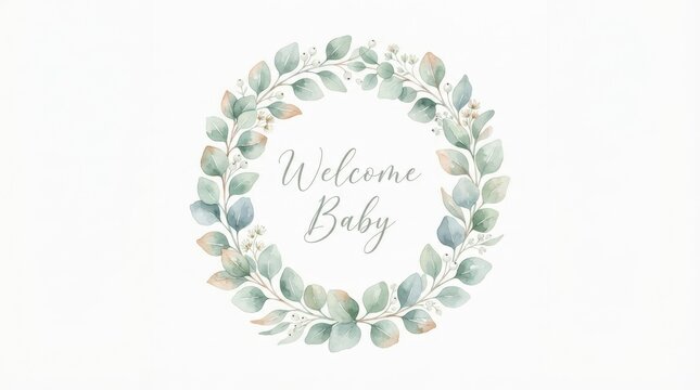 Watercolor eucalyptus wreath with welcome baby text isolated on white background