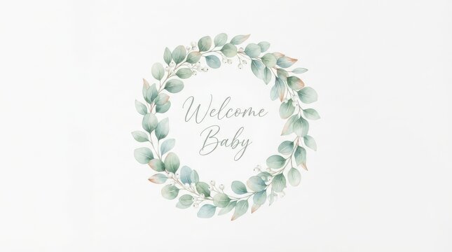 Watercolor eucalyptus wreath with welcome baby text isolated on white background