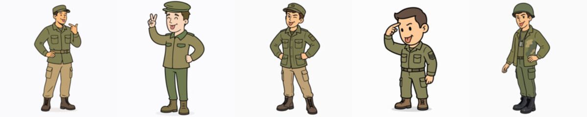 Obraz premium Set of vector illustrations of a soldier sticking out their tongue mockingly.