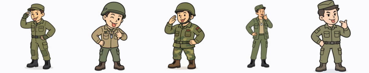 Obraz premium Set of vector illustrations of a soldier sticking out their tongue mockingly.