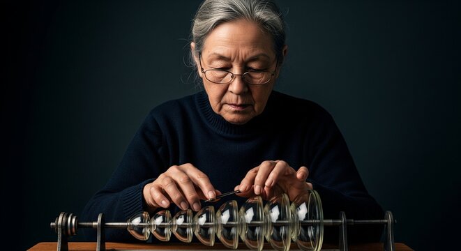Elderly man meticulously playing intricate glass harmonica in moody studio lighting
