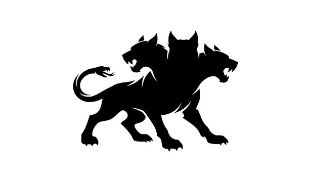 Stylized Cerberus silhouette three headed dog mythological black vector logo isolated on white