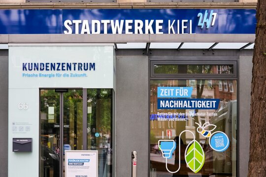 Kiel, Germany - 02. July 2026: Stadtwerke Kiel customer center promoting sustainable energy solutions