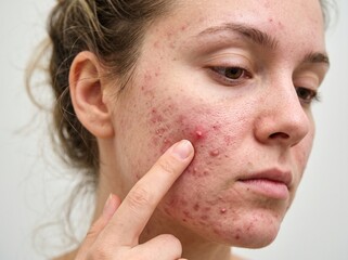 Naklejka premium Young Womans Face with Acne and Inflammation Being Touched