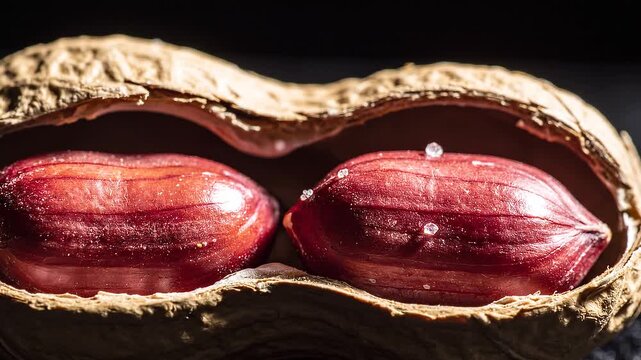 Macro view of salted peanuts inside a cracked shell
