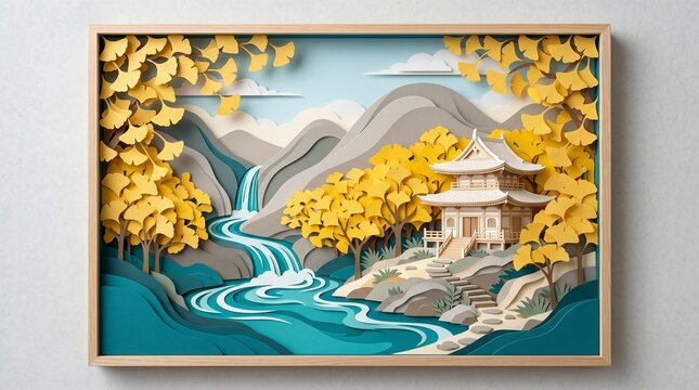 Asian Temple River Landscape Artwork