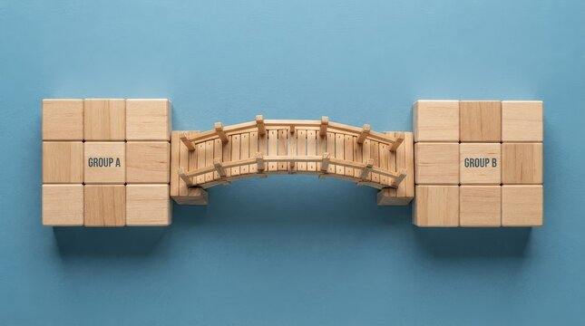 Miniature wooden bridge connecting two blocks on blue background
