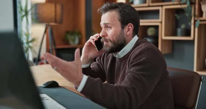 Employee, phone call and man with computer in office, discussion or financial planner with research. Corporate, wealth management and business person with tech, online and communication with mobile