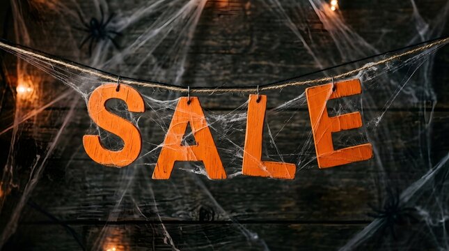 Orange wooden letters spelling sale hanging on a string with spider webs against a dark wooden background