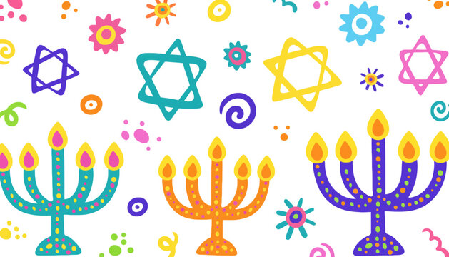 Colorful hanukkah menorah candles and star of david background