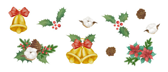 Obraz premium Watercolor Christmas Decorative Elements Set with Bells, Holly, Cotton Flowers and Pinecones300dpi