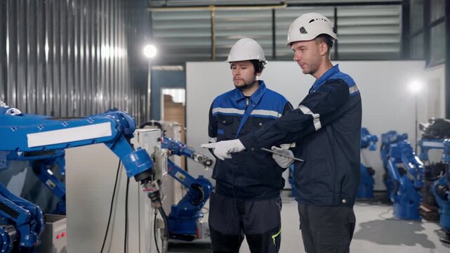 Robotic system integrators walking to inspect customized welding robotic arm in warehouse; supporting robotics system integration; verifying robot programming; calibration; before customer delivery.