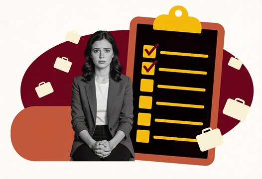 Stressed businesswoman sitting beside an oversized checklist clipboard surrounded by floating briefcase icons on a dark red background.