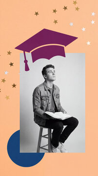 Young man sitting with an open book looking upward, with a graduation cap and star confetti on a peach background.