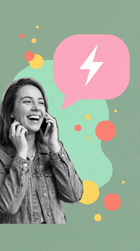 Laughing young woman talking on her smartphone with a large pink speech bubble and lightning bolt icon on a green background.