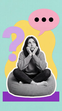 Pensive young woman sitting on a bean bag looking upward with a question mark and speech bubble above on a teal background.