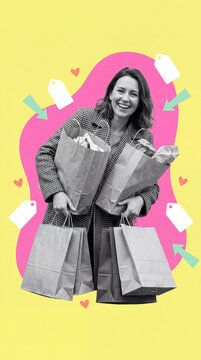 Happy woman carrying multiple large paper shopping bags, surrounded by price tags, hearts, and arrows on a bright yellow background.