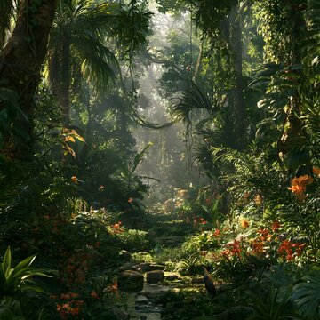Lush green topical jungle with dense foliage and vibrant nature landscape 