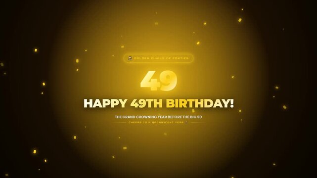 An elegant golden 'Happy 49th Birthday' video greeting featuring shimmering text and glowing particles on a dark background, celebrating the grand crowning year before the big fifty.
