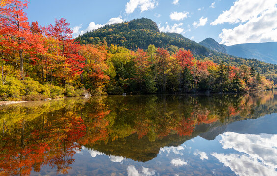 Autumn reflection on Echo Lake with panorama view - Franconia Notch - New Hampshire