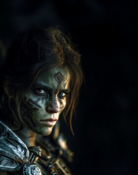 Fierce female orc warrior with green face paint and heavy armor stares directly at the camera in dark cinematic lighting