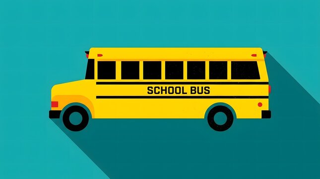 Yellow school bus flat icon with long shadow on teal background back to school concept