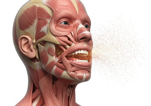 Anatomical head muscles with glittering particles emitting from mouth