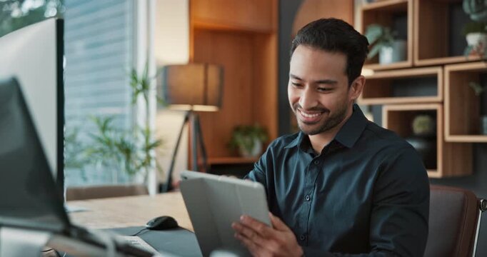 Computer, research and man with tablet in office for market timing, track performance and trading. Happy, trader and comparison with tech for risk assessment, monitor trends and investment platform