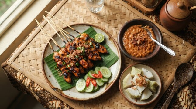 Traditional Indonesian Chicken Satay served with Peanut Sauce and Lontong