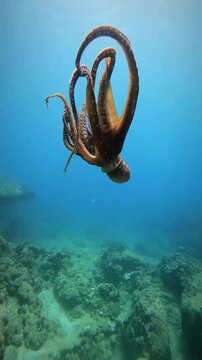 White spotted octopus swimming in blue open ocean water
