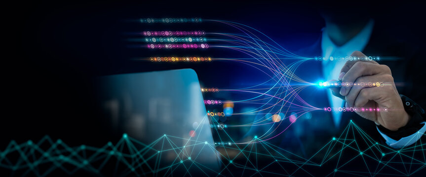 Data infrastructure,workflows,data pipeline development.Data integration.Engineer using laptop computer to design data processing system,workflows in modern digital business systems,data server center