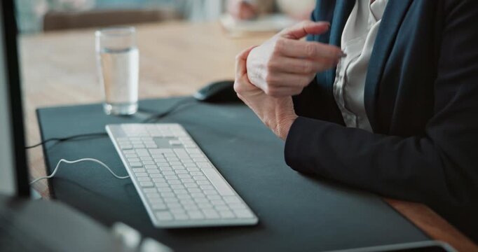 Laptop, hands and business person with wrist pain in office for muscle tension, pressure or overworked. Deadline, female analyst and finance report with inflammation, carpal tunnel or joint ache