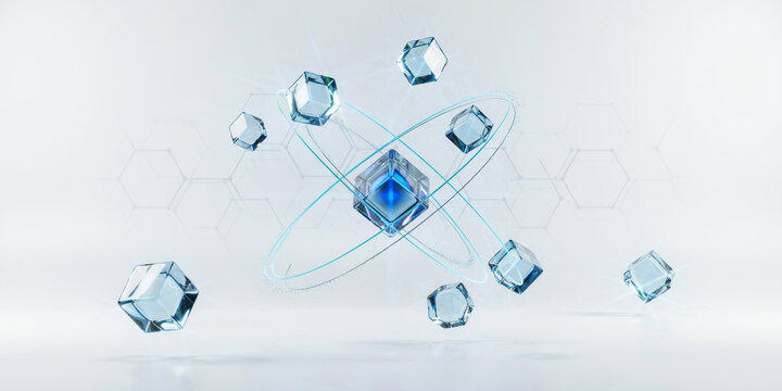 Abstract 3d rendering of a glowing glass cube with orbital rings