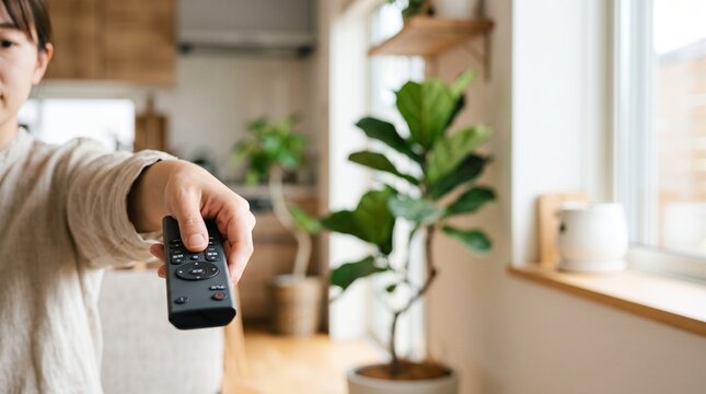 テレビのリモコンを操作する女性の手元 リビングでくつろぐライフスタイルイメージ