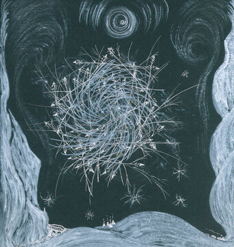 White fluffy ball by lines on starry  black sky