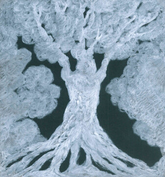 White fluffy tree in the clouds on the black background