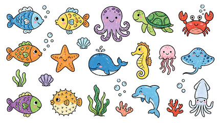 Obraz premium Colorful cartoon fish swimming in a playful underwater scene with bubbles and seaweed
