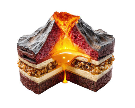 Volcano Model Cross-Section: Detailed model showing the internal structure of a volcano, including layers of rock, magma chamber, and erupting lava flow.
