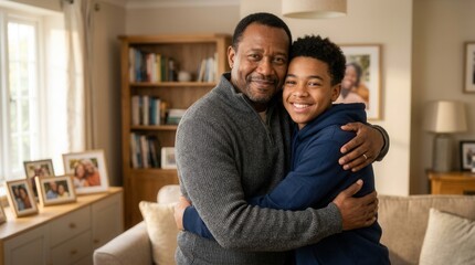 Fototapeta premium Cozy living room scene of a happy Black father and teenage son hugging, symbolizing positive parenting and a strong family bond.