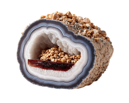 Geode Cut Open Revealing Crystals: A fascinating cross-section of a geode, showcasing its layered agate shell, shimmering quartz crystals, and a deep red mineral deposit within.