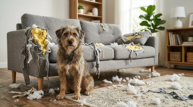 Guilty scruffy dog sitting beside a torn couch with scattered stuffing from destructive pet behavior.