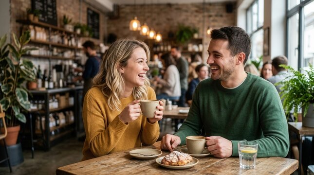 Casual date with a smiling man and woman laughing and drinking coffee in a busy cafe.