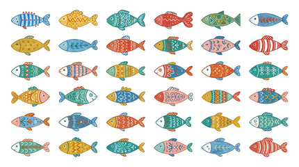 Obraz premium Colorful fish swimming in a playful pattern with geometric shapes