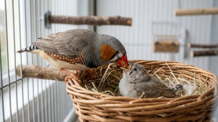 Obraz premium Zebra finch parent feeding its baby bird inside a wire cage with a wicker nest.
