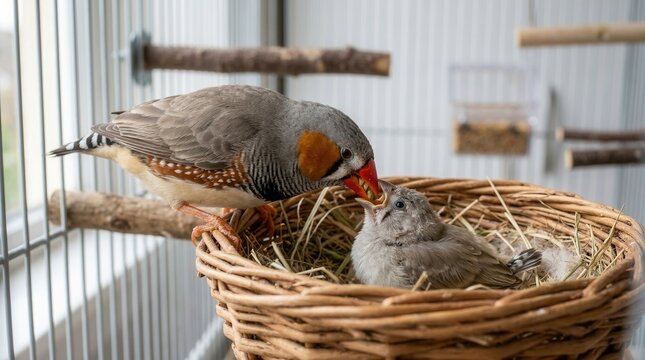 Zebra finch parent feeding its baby bird inside a wire cage with a wicker nest.